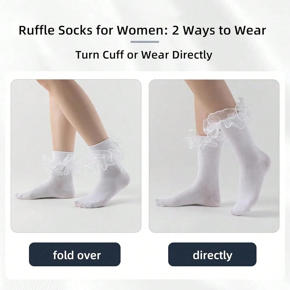 NEW- Women Big Ruffle Ankle Socks,Adult Double Lace Turn Cuff Cotton Frilly Dress Socks Cute Bobby Sock