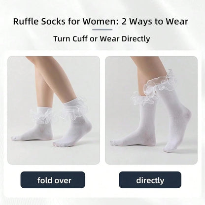 NEW- Women Big Ruffle Ankle Socks,Adult Double Lace Turn Cuff Cotton Frilly Dress Socks Cute Bobby Sock