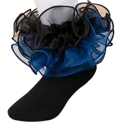 NEW- Women Big Ruffle Socks Double Lace Turn Cuff,Breathable Cotton Frilly Cute Bobby Dress Sock For Girls Women,K407