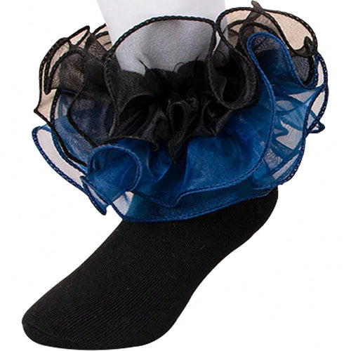 NEW- Women Big Ruffle Socks Double Lace Turn Cuff,Breathable Cotton Frilly Cute Bobby Dress Sock For Girls Women,K407