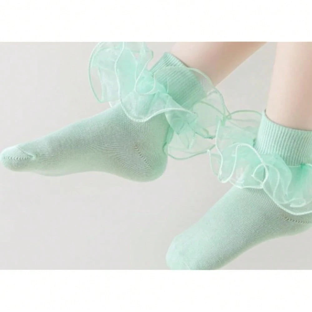 NEW- Women Big Ruffle Socks Double Lace Turn Cuff,Breathable Cotton Frilly Cute Bobby Dress Sock For Girls Women,K407
