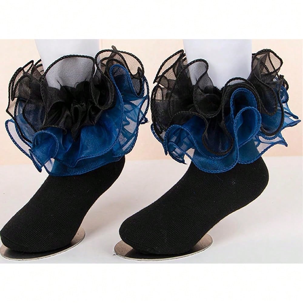 NEW- Women Big Ruffle Socks Double Lace Turn Cuff,Breathable Cotton Frilly Cute Bobby Dress Sock For Girls Women,K407