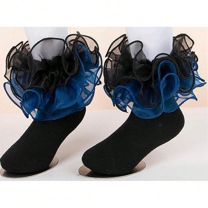 NEW- Women Big Ruffle Socks Double Lace Turn Cuff,Breathable Cotton Frilly Cute Bobby Dress Sock For Girls Women,K407