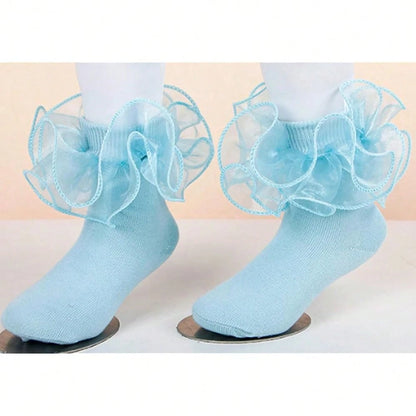 NEW- Women Big Ruffle Socks Double Lace Turn Cuff,Breathable Cotton Frilly Cute Bobby Dress Sock For Girls Women,K407