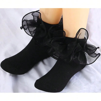 NEW- Women Big Ruffle Socks Double Lace Turn Cuff,Breathable Cotton Frilly Cute Bobby Dress Sock For Girls Women,K407