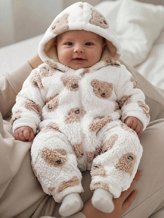 Newborn Baby Boy/Girl Cute Autumn/Winter Casual White Fuzzy Cartoon Bear Pattern Hooded Romper Loungewear
