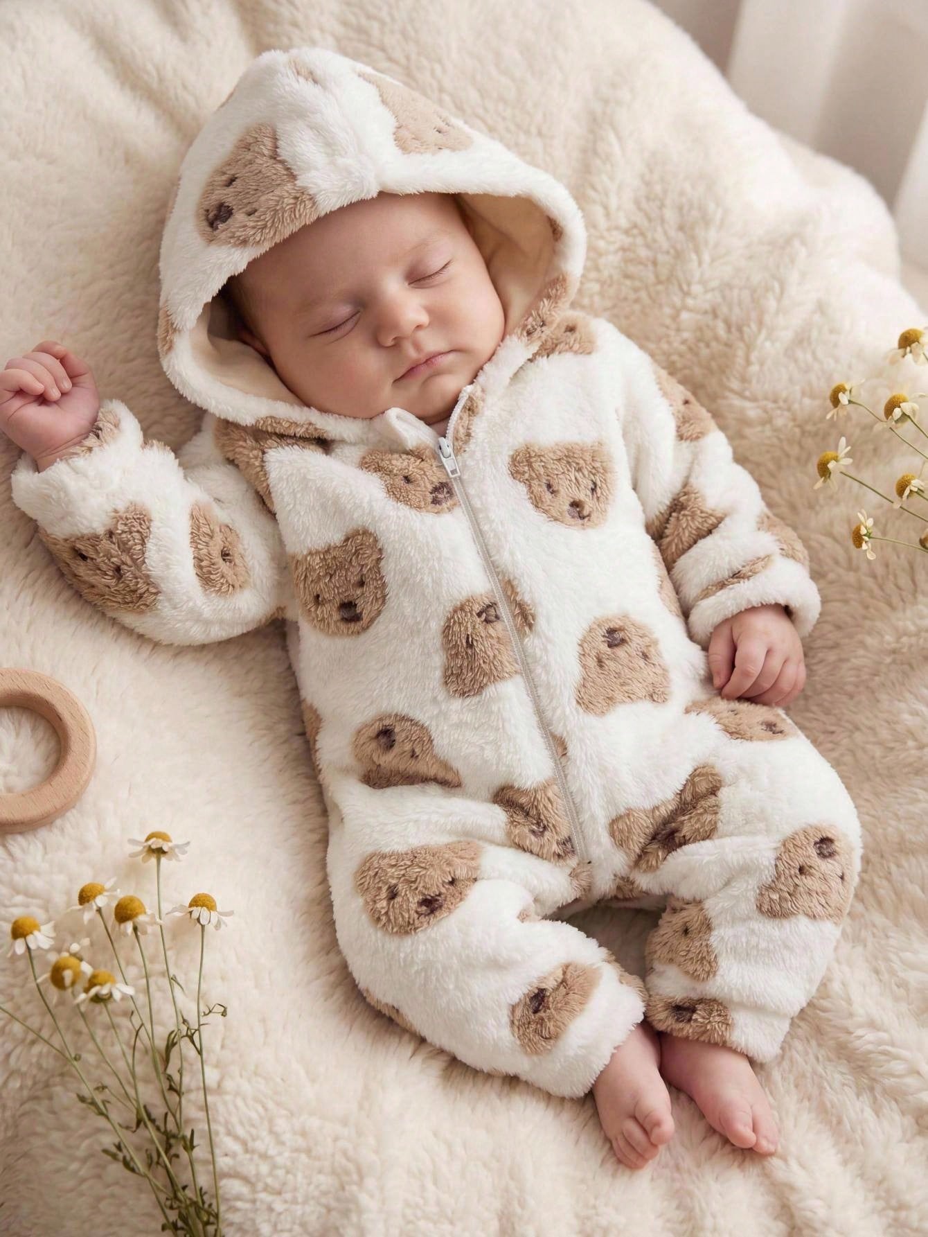 Newborn Baby Boy/Girl Cute Autumn/Winter Casual White Fuzzy Cartoon Bear Pattern Hooded Romper Loungewear