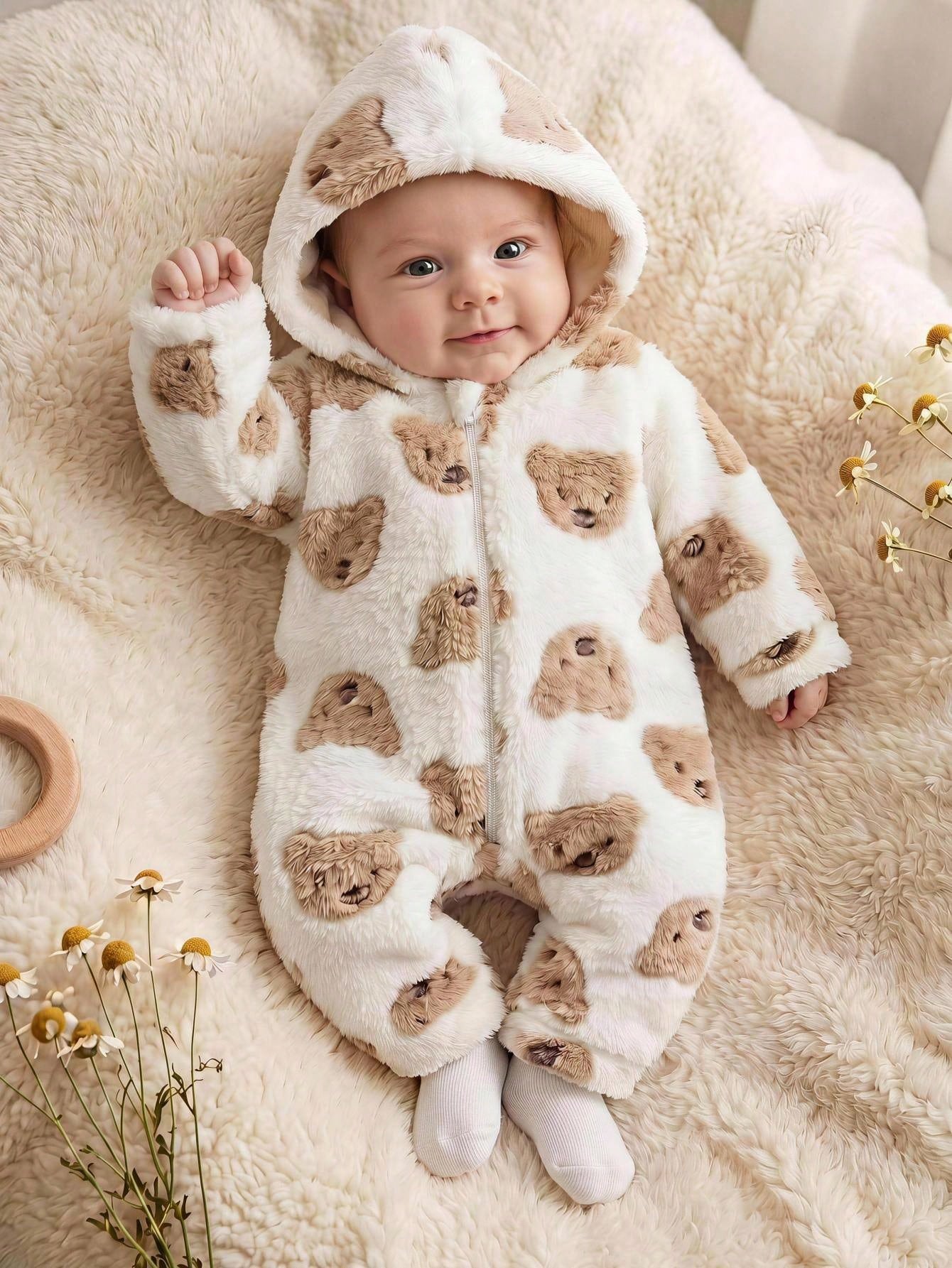 Newborn Baby Boy/Girl Cute Autumn/Winter Casual White Fuzzy Cartoon Bear Pattern Hooded Romper Loungewear