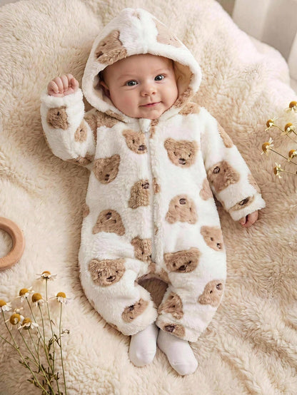 Newborn Baby Boy/Girl Cute Autumn/Winter Casual White Fuzzy Cartoon Bear Pattern Hooded Romper Loungewear