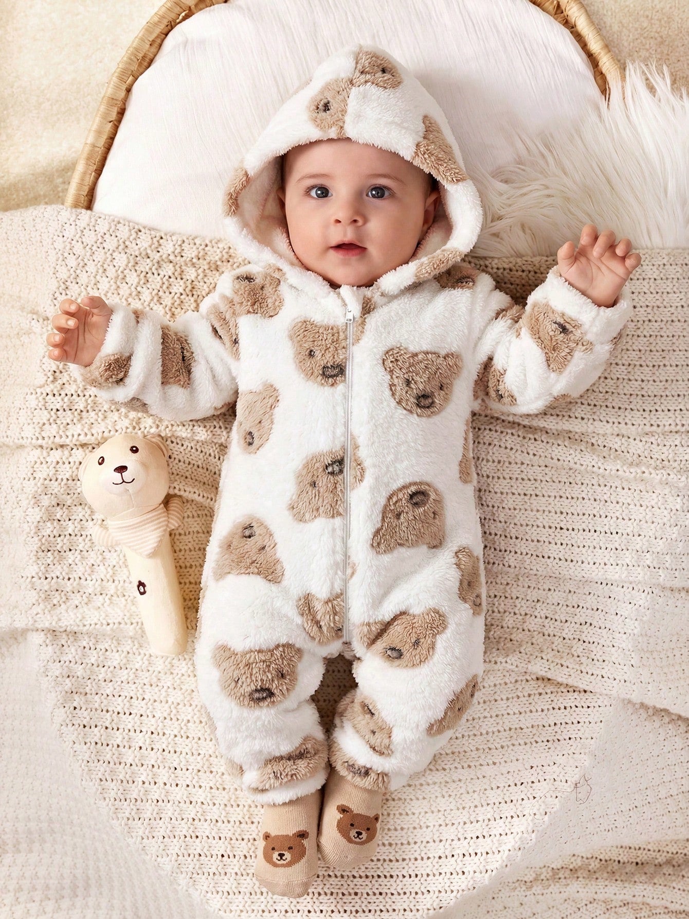 Newborn Baby Boy/Girl Cute Autumn/Winter Casual White Fuzzy Cartoon Bear Pattern Hooded Romper Loungewear