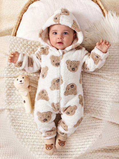 Newborn Baby Boy/Girl Cute Autumn/Winter Casual White Fuzzy Cartoon Bear Pattern Hooded Romper Loungewear
