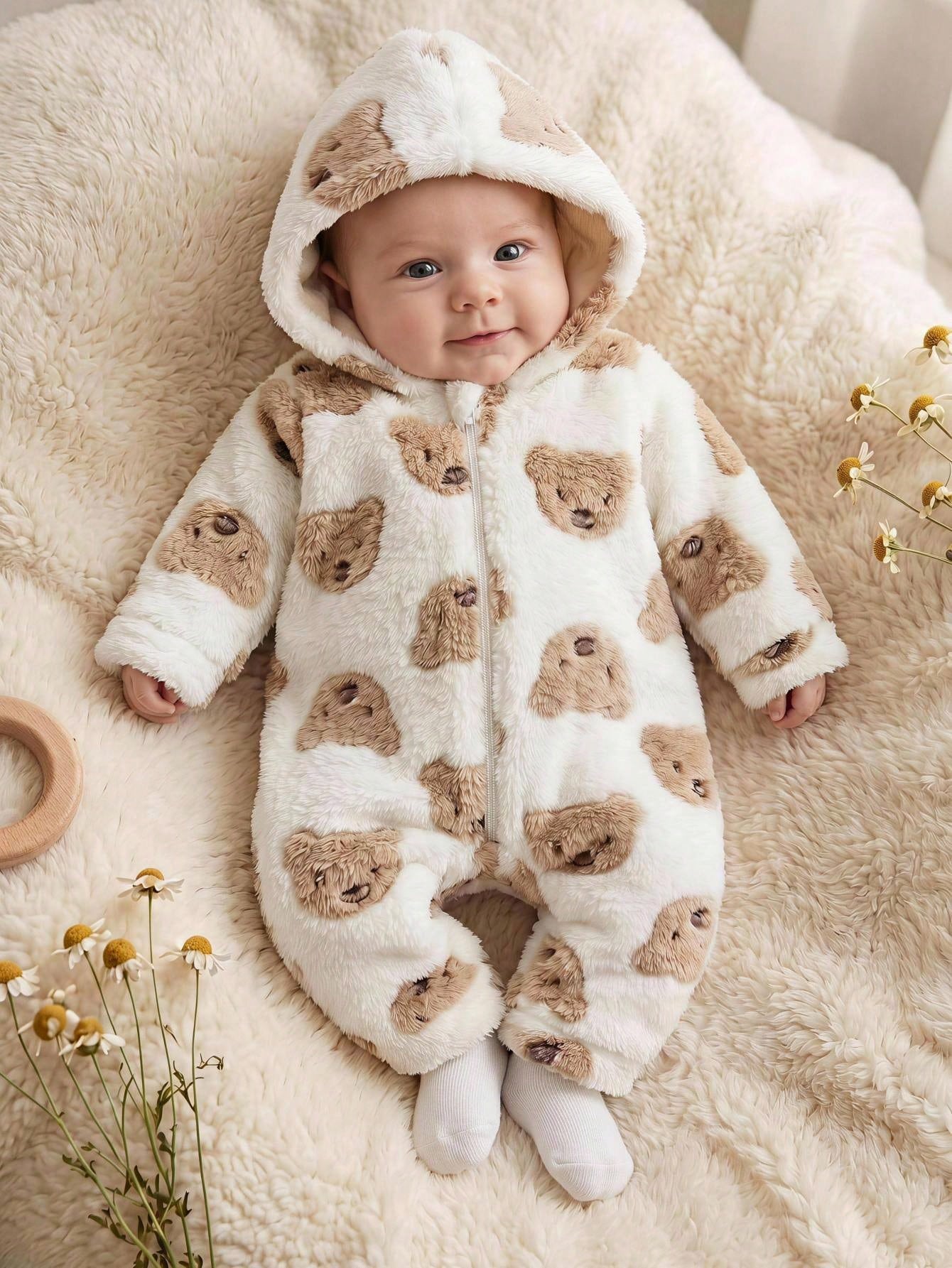 Newborn Baby Boy/Girl Cute Autumn/Winter Casual White Fuzzy Cartoon Bear Pattern Hooded Romper Loungewear