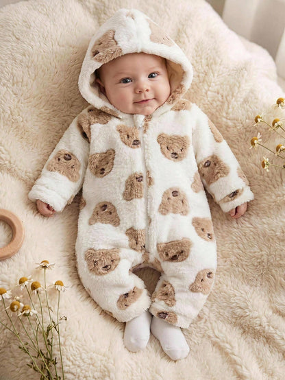Newborn Baby Boy/Girl Cute Autumn/Winter Casual White Fuzzy Cartoon Bear Pattern Hooded Romper Loungewear