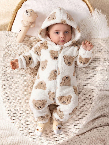 Newborn Baby Boy/Girl Cute Autumn/Winter Casual White Fuzzy Cartoon Bear Pattern Hooded Romper Loungewear