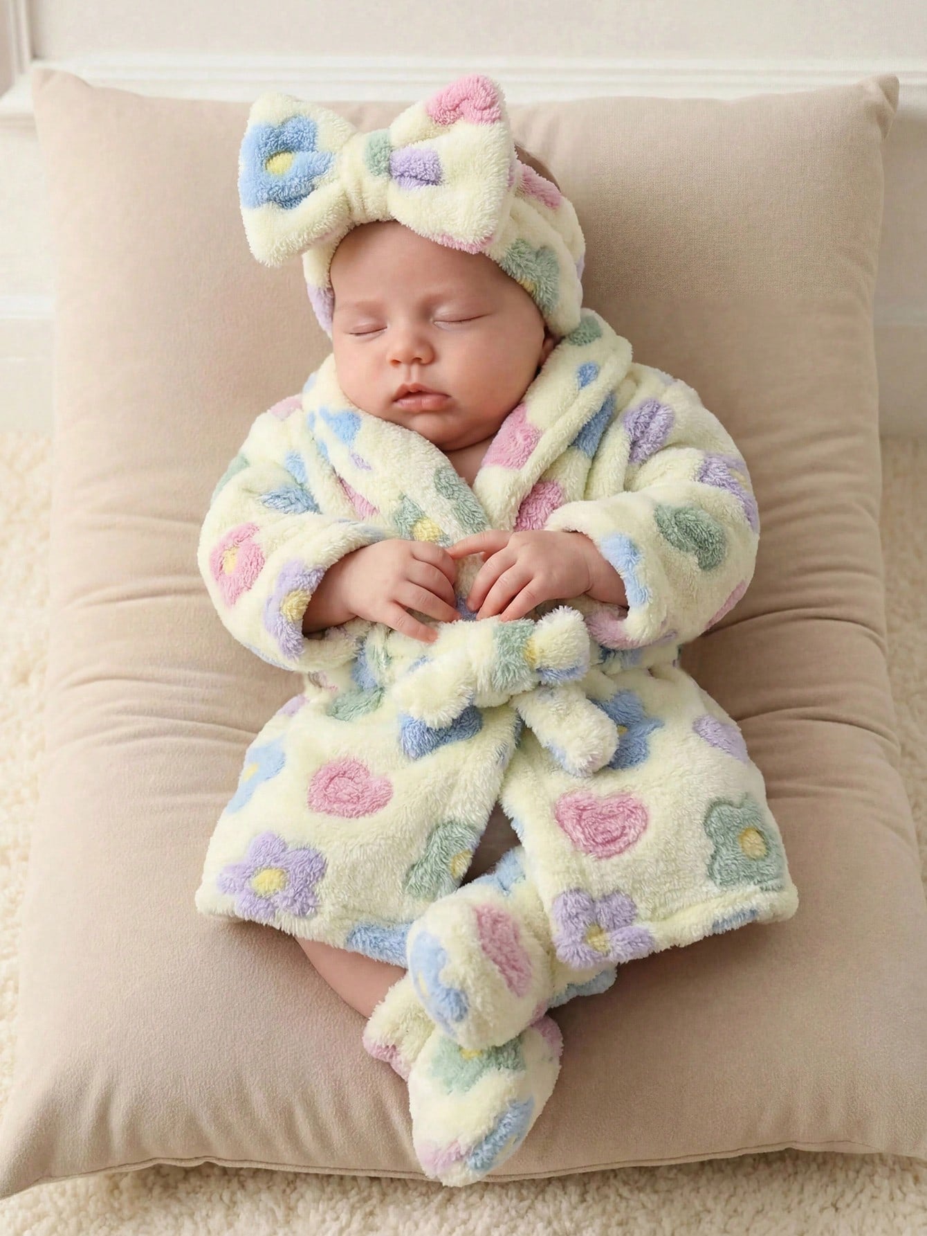 Newborn Baby Boy/Girl Floral Print Pattern Fleece Thick Hooded Long Sleeve Tie-Front Robe Autumn Winter