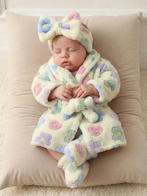 Newborn Baby Boy/Girl Floral Print Pattern Fleece Thick Hooded Long Sleeve Tie-Front Robe Autumn Winter