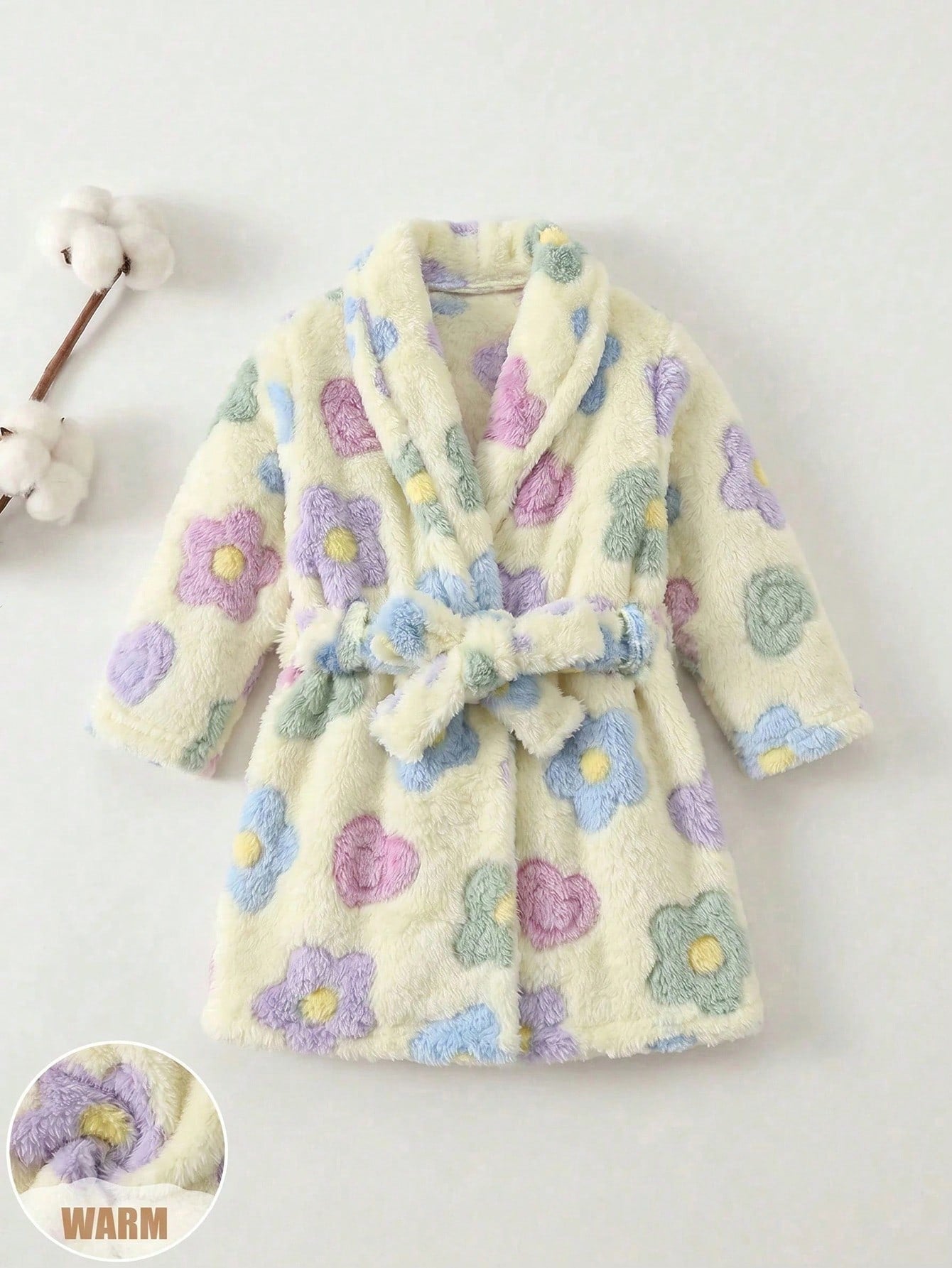 Newborn Baby Boy/Girl Floral Print Pattern Fleece Thick Hooded Long Sleeve Tie-Front Robe Autumn Winter