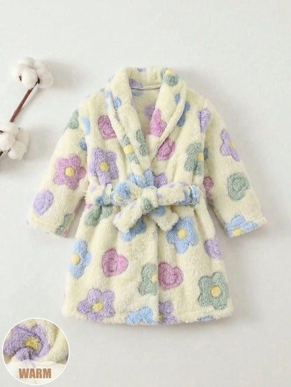 Newborn Baby Boy/Girl Floral Print Pattern Fleece Thick Hooded Long Sleeve Tie-Front Robe Autumn Winter