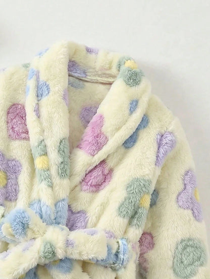 Newborn Baby Boy/Girl Floral Print Pattern Fleece Thick Hooded Long Sleeve Tie-Front Robe Autumn Winter