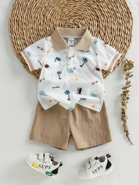 Newborn Baby Coconut Tree Print Short Sleeve Top And Shorts Casual Daily Outfit