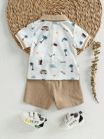 Newborn Baby Coconut Tree Print Short Sleeve Top And Shorts Casual Daily Outfit
