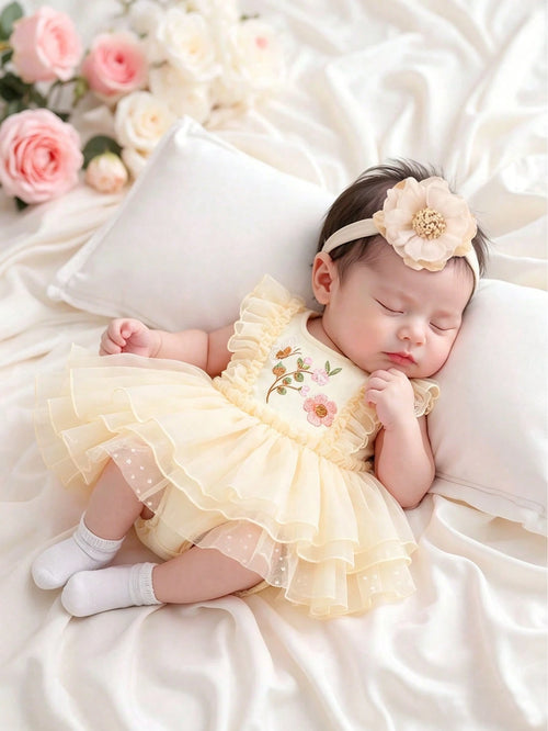 Newborn Baby Floral Embroidered Romper With Headband, Photography Outfit And Prop