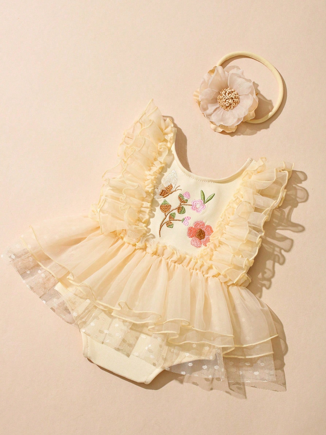Newborn Baby Floral Embroidered Romper With Headband, Photography Outfit And Prop