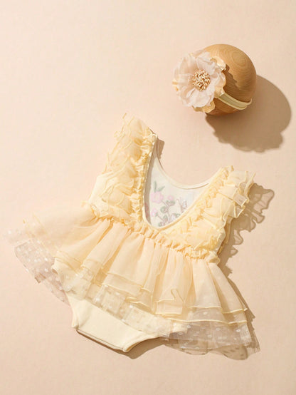 Newborn Baby Floral Embroidered Romper With Headband, Photography Outfit And Prop