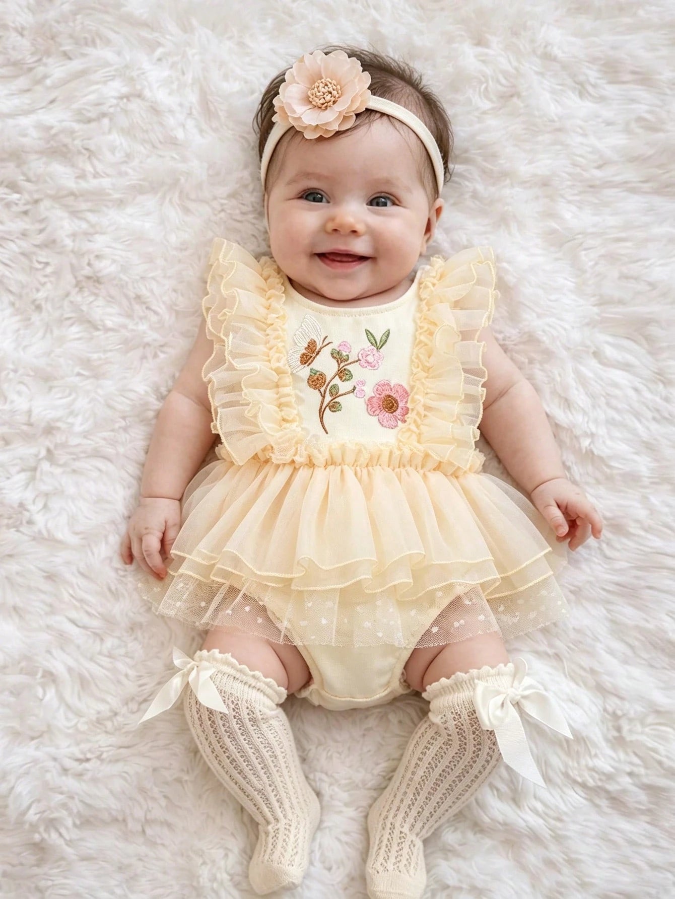 Newborn Baby Floral Embroidered Romper With Headband, Photography Outfit And Prop