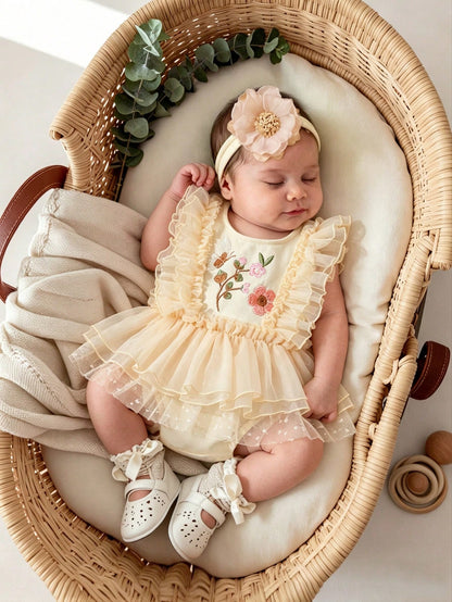 Newborn Baby Floral Embroidered Romper With Headband, Photography Outfit And Prop