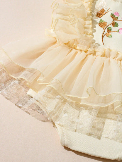 Newborn Baby Floral Embroidered Romper With Headband, Photography Outfit And Prop