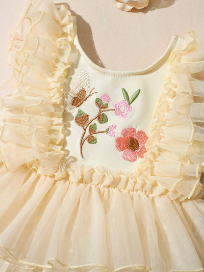 Newborn Baby Floral Embroidered Romper With Headband, Photography Outfit And Prop
