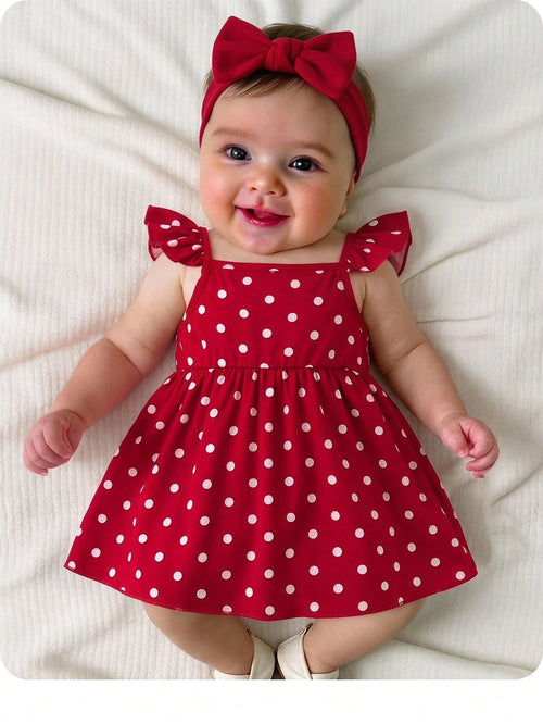 Newborn Baby Girl Casual Vacation Cute Red Polka Dot Flutter Sleeve Dress
