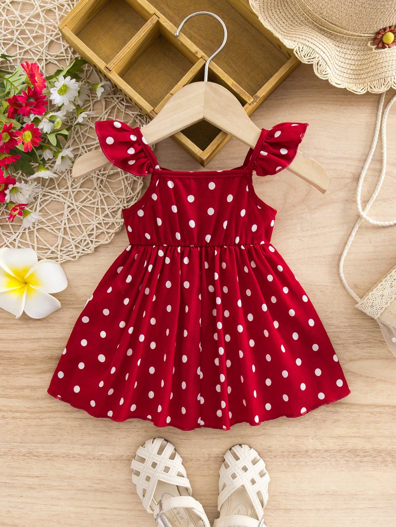 Newborn Baby Girl Casual Vacation Cute Red Polka Dot Flutter Sleeve Dress