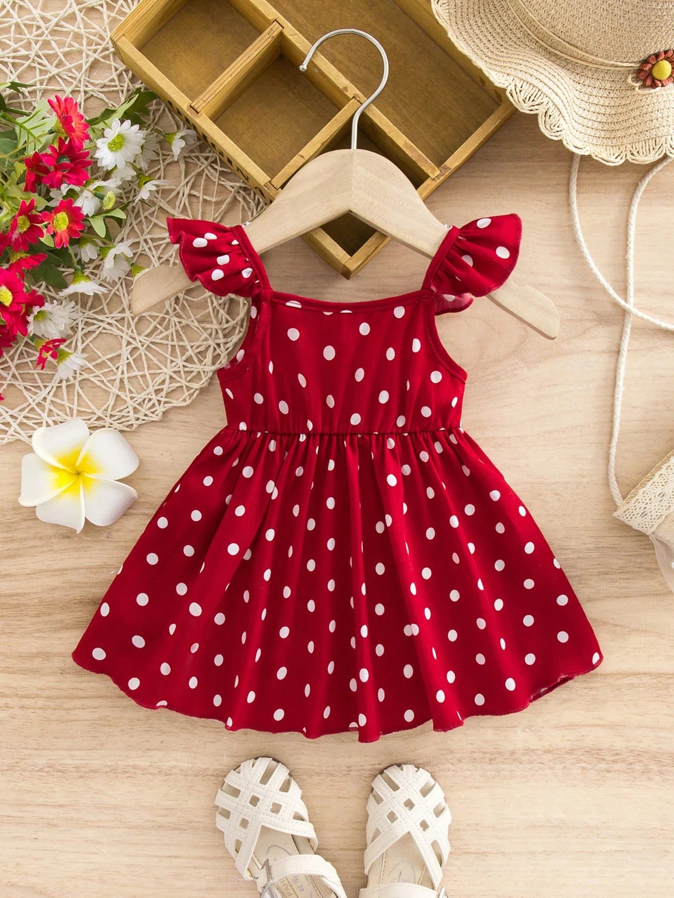 Newborn Baby Girl Casual Vacation Cute Red Polka Dot Flutter Sleeve Dress