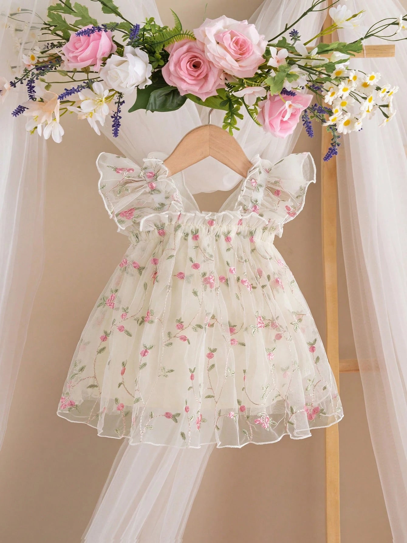 Newborn Baby Girl Cute & Elegant Summer Mesh Floral Embroidery Dress