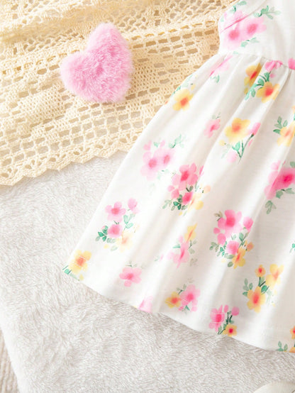 Newborn Baby Girl Cute Floral Pattern Sleeveless Dress, Summer