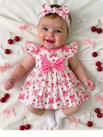 Newborn Baby Girl Summer Cute Knitted Bow Pattern Colorblock Dress