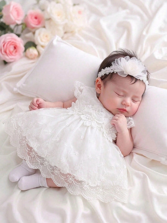 Newborn Baby Girl White Summer Elegant Mesh Dress Lace Collar Sleeveless Lightweight Outfit For Wedding Guest 100-Day Celebration & Family Photos