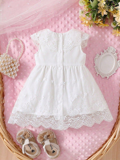 Newborn Baby Girl White Summer Elegant Mesh Dress Lace Collar Sleeveless Lightweight Outfit For Wedding Guest 100-Day Celebration & Family Photos
