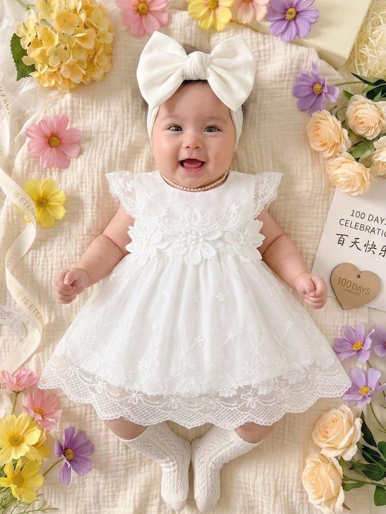 Newborn Baby Girl White Summer Elegant Mesh Dress Lace Collar Sleeveless Lightweight Outfit For Wedding Guest 100-Day Celebration & Family Photos