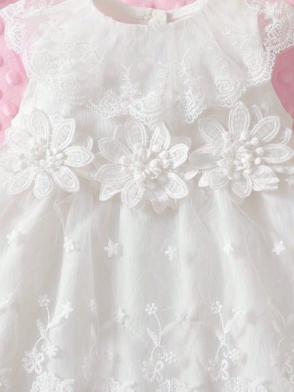 Newborn Baby Girl White Summer Elegant Mesh Dress Lace Collar Sleeveless Lightweight Outfit For Wedding Guest 100-Day Celebration & Family Photos