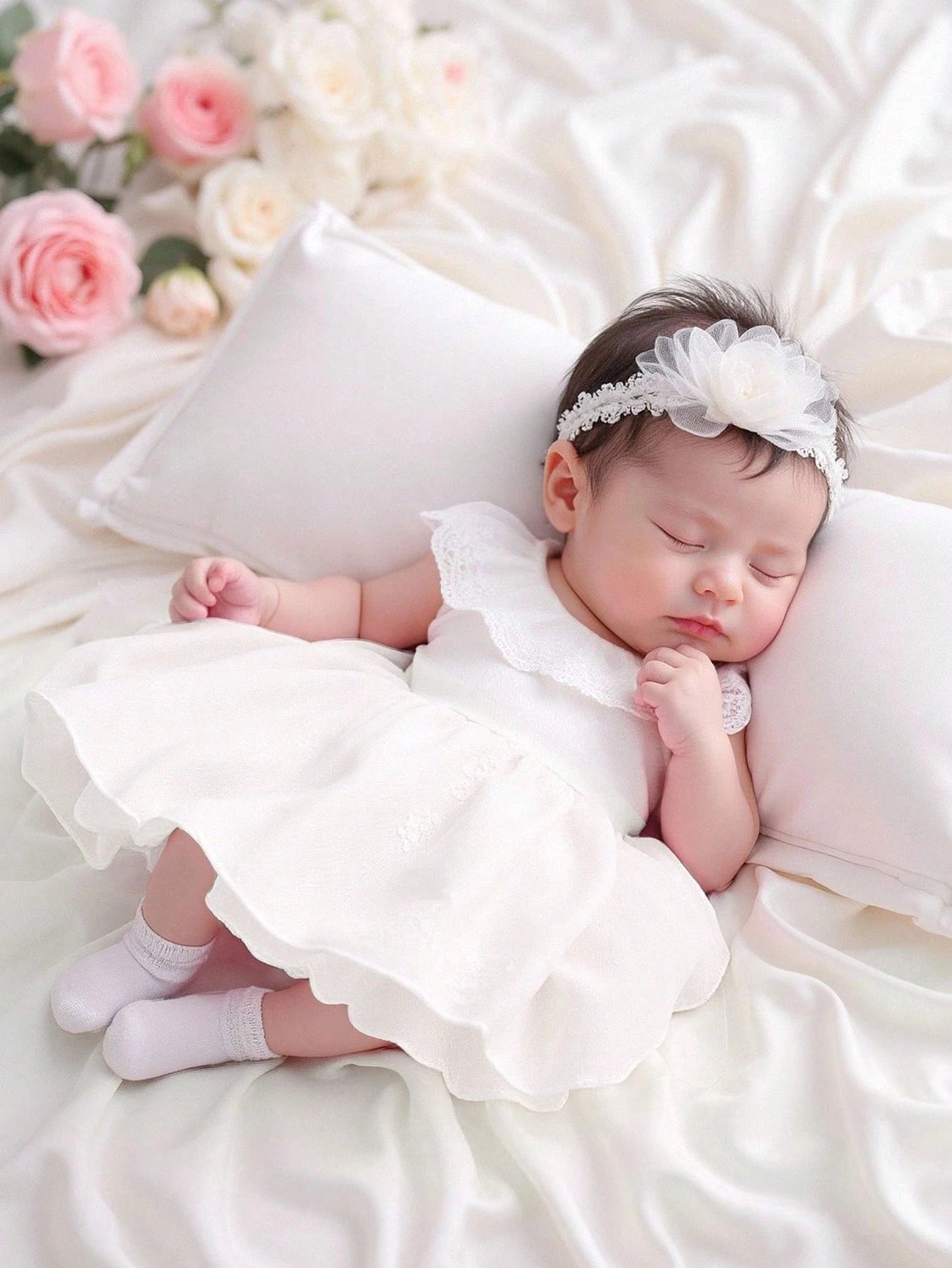 Newborn Baby Girl White Summer Elegant Mesh Dress Lace Collar Sleeveless Lightweight Outfit For Wedding Guest 100-Day Celebration & Family Photos