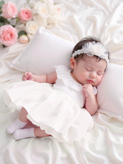 Newborn Baby Girl White Summer Elegant Mesh Dress Lace Collar Sleeveless Lightweight Outfit For Wedding Guest 100-Day Celebration & Family Photos