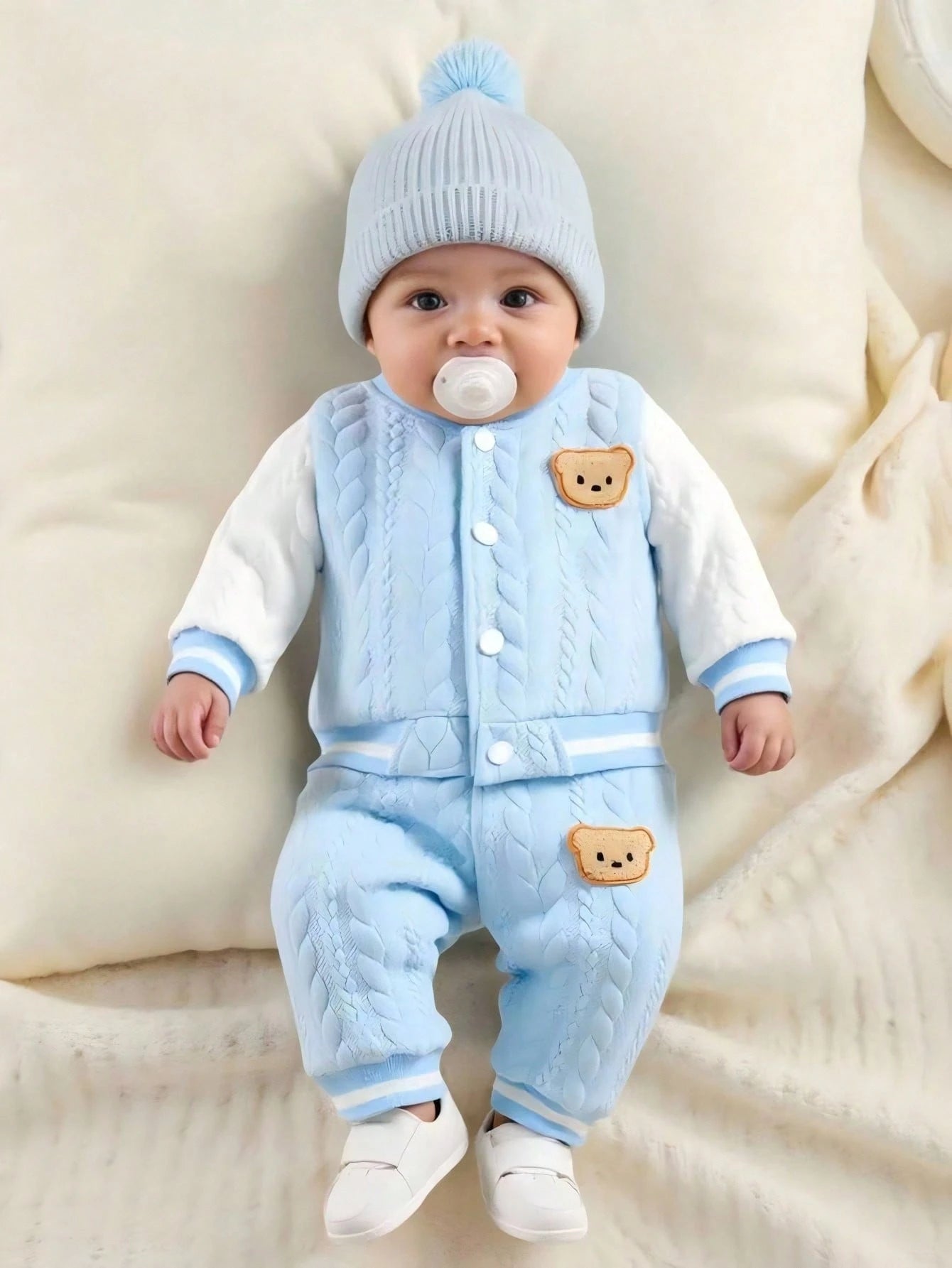 Newborn Boy Baby Bear Pattern 2pcs Suit Cute Autumn Blue And White Stripe Cable Knit Fabric Jacket And Pants Set Holiday Fashionable Boys Outfit