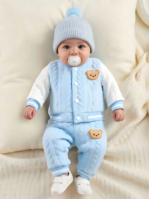 Newborn Boy Baby Bear Pattern 2pcs Suit Cute Autumn Blue And White Stripe Cable Knit Fabric Jacket And Pants Set Holiday Fashionable Boys Outfit