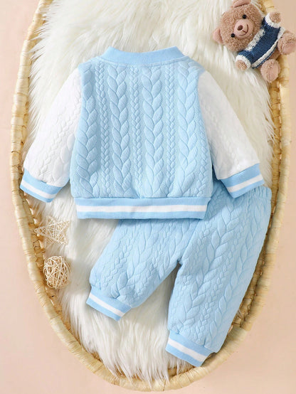 Newborn Boy Baby Bear Pattern 2pcs Suit Cute Autumn Blue And White Stripe Cable Knit Fabric Jacket And Pants Set Holiday Fashionable Boys Outfit