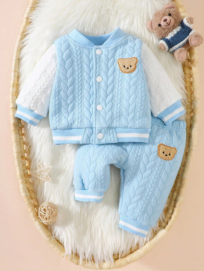 Newborn Boy Baby Bear Pattern 2pcs Suit Cute Autumn Blue And White Stripe Cable Knit Fabric Jacket And Pants Set Holiday Fashionable Boys Outfit