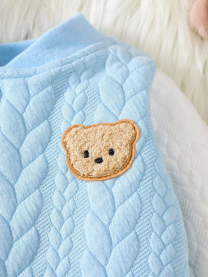 Newborn Boy Baby Bear Pattern 2pcs Suit Cute Autumn Blue And White Stripe Cable Knit Fabric Jacket And Pants Set Holiday Fashionable Boys Outfit