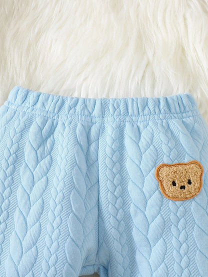 Newborn Boy Baby Bear Pattern 2pcs Suit Cute Autumn Blue And White Stripe Cable Knit Fabric Jacket And Pants Set Holiday Fashionable Boys Outfit